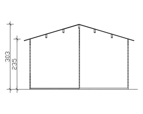 Technische Zeichnung eines Gartenhauses mit Maßangaben
