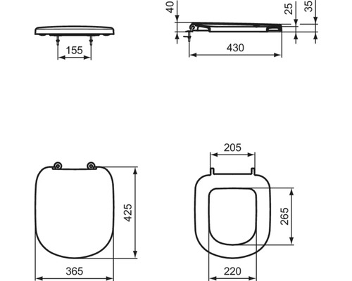 Technische Zeichnung eines Toilettensitzes mit Maßangaben