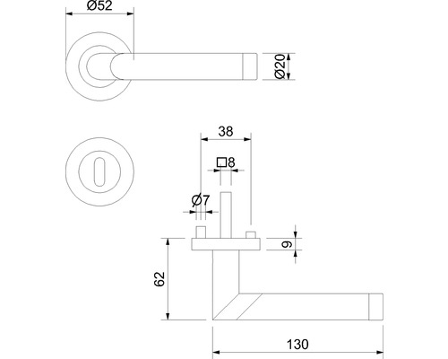 Technische Zeichnung eines Türdrückers mit Maßangaben