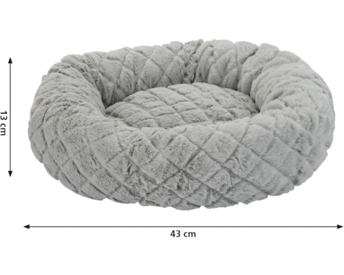 Graues, rundes Hundebett mit den Maßen 43 mal 13 Zentimeter.