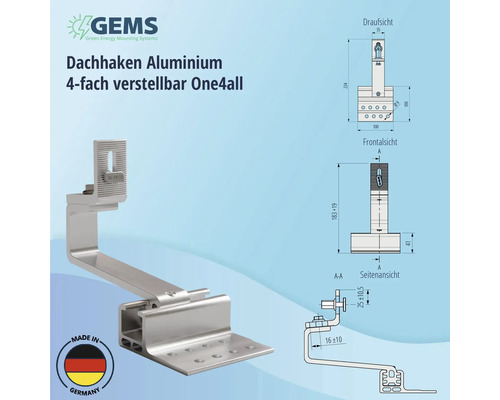 Dachhaken aus Aluminium, 4-fach verstellbar, inklusive Maßangaben
