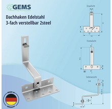 Dachhaken für PV-Module 2steel 3-fach verstellbar auf Schrägdach/Ziegeldach Edelstahl 140 mm-thumb-2
