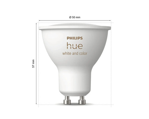 Philips Hue Lampe mit den Maßen 57 mm Höhe und 50 mm Durchmesser