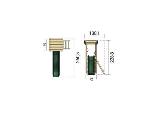 Maßzeichnung eines Spielturms mit Rutsche und Leiter, inklusive Höhenangaben
