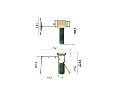 Abmessungen eines Spielturms mit Schaukel, Kletterwand und Rutsche