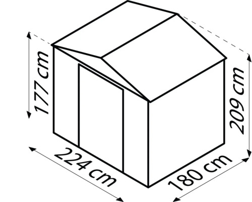 Abbildung der Abmessungen eines Gerätehauses: 177 Zentimeter x 224 Zentimeter x 209 Zentimeter x 180 Zentimeter