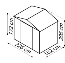 Illustration eines Gerätehauses mit Maßangaben: 172 cm Höhe vorne, 206 cm Höhe hinten, 226 cm Breite und 162 cm Tiefe