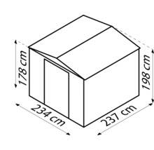Abmessungen eines Gerätehauses: 234 mal 237 mal 198 Zentimeter