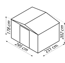 Illustration eines Gerätehauses mit den Maßen 295 mal 237 mal 202 mal 178 Zentimeter