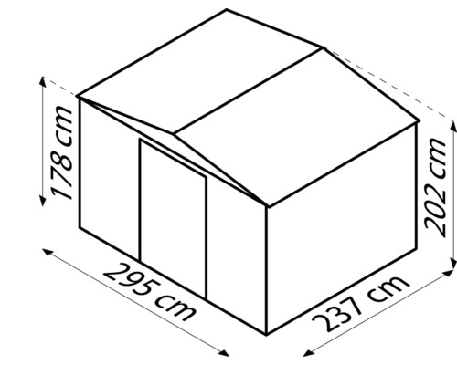 Illustration eines Gerätehauses mit den Maßen 295 mal 237 mal 202 mal 178 Zentimeter