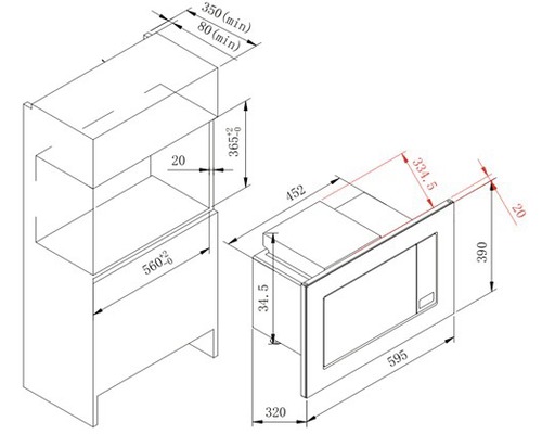 Technische Zeichnung eines Einbaubackofens mit Maßangaben
