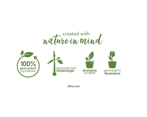 100 Prozent recycelt Symbol, hergestellt mit Windenergie Symbol, nachhaltige Qualität Symbol, hergestellt in den Niederlanden Symbol