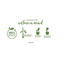 Symbole für: 100% recycelt, hergestellt mit Windenergie, nachhaltige Qualität, hergestellt in den Niederlanden