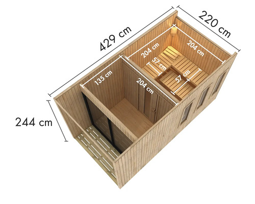 Dimensionsdarstellung einer Gartensauna mit Vorraum, Höhe 244 cm, Länge 429 cm, Breite 220 cm.