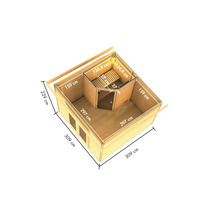 Saunahaus Karibu Sainburga 1 ohne Ofen mit Vorraum und Holztüre mit Klarglas