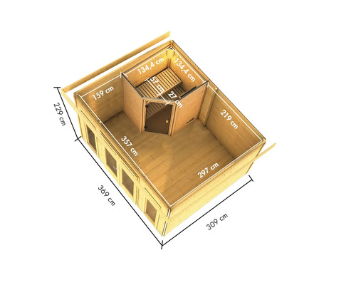 Draufsicht einer Gartensauna mit Maßangaben