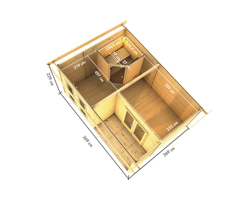 Grundriss einer Gartensauna mit Abmessungen
