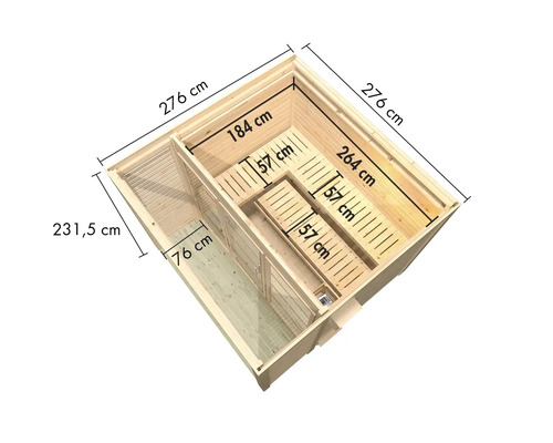 Illustration einer Sauna mit den Maßen 276 mal 276 mal 231,5 Zentimeter