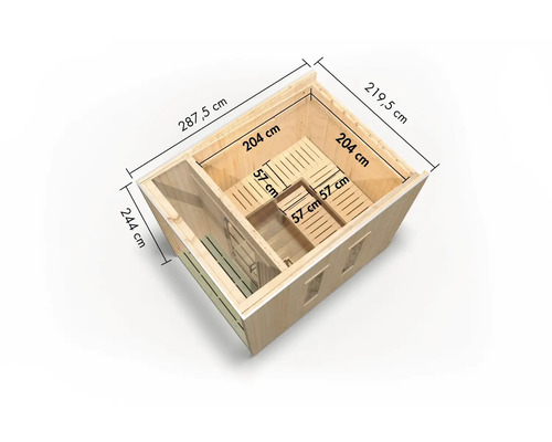 Grundriss einer Holzsauna mit Maßangaben
