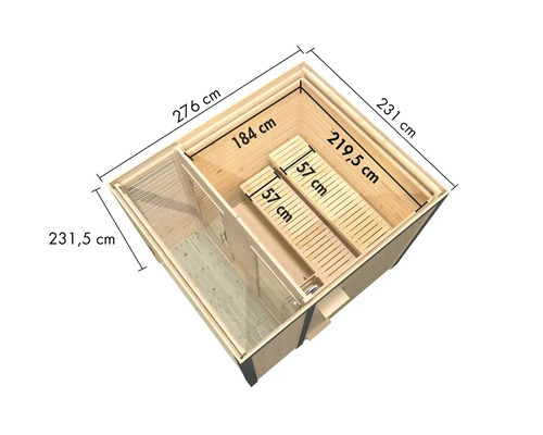 Draufsicht einer Holzsauna mit Maßangaben