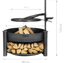 Feuerstelle mit Grillrost und Holzscheiten, Maße 88 x 80 x 110 cm
