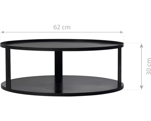 Schwarzer Couchtisch mit den Maßen 62 mal 30 Zentimeter.