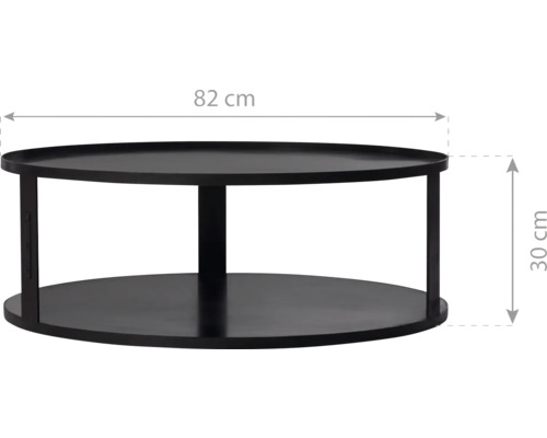 Schwarzer Couchtisch mit den Maßen 82 mal 30 Zentimeter.