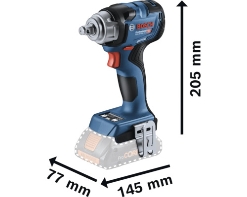Bosch Akku-Drehschlagschrauber mit den Maßen 205 mm Höhe, 77 mm Breite und 145 mm Länge.