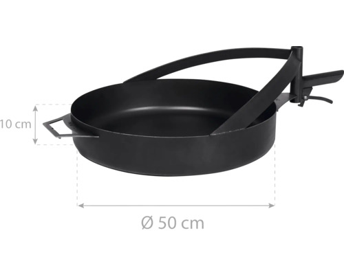 Feuerstelle aus Metall mit einem Durchmesser von 50 cm und einer Höhe von 10 cm.