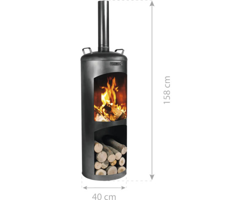 Runde Feuertonne aus Stahl mit Holzscheiten, Abmessungen 40 mal 158 Zentimeter.