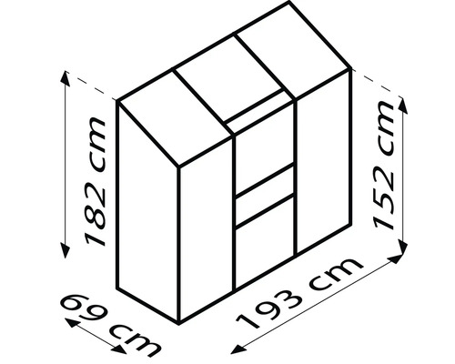 Dimensionszeichnung eines Schranks: 182 cm Höhe, 69 cm Tiefe und 193 cm Länge.