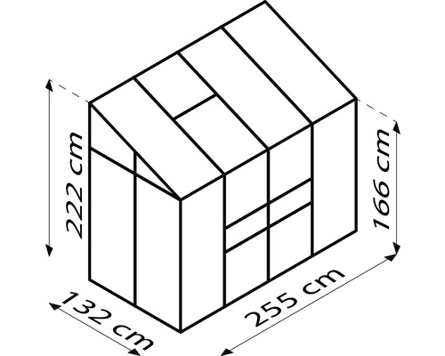Abbildung eines Gewächshauses mit den Maßen 222 cm Höhe, 132 cm Breite und 255 cm Länge.