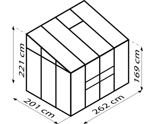 Zeichnung eines Gewächshauses mit den Maßen 201 cm, 262 cm, 169 cm und 221 cm.