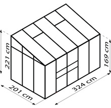Technische Zeichnung eines Gewächshauses mit den Maßen 221 x 201 x 169 x 324 Zentimeter
