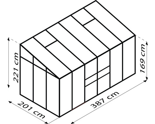 Abmessungen eines Gewächshauses: 221 cm Höhe vorne, 169 cm Höhe hinten, 201 cm Breite, 387 cm Länge