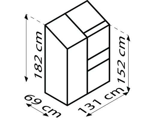 Dimensionsdarstellung eines Schranks: 182 cm Höhe, 69 cm Breite, 152 cm Höhe und 131 cm Tiefe