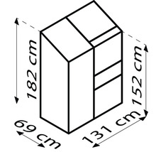 Maßzeichnung eines Schranks mit den Maßen 182 cm Höhe, 69 cm Breite, 152 cm Höhe und 131 cm Breite