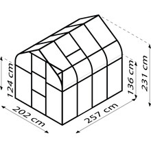 Illustration eines Gewächshauses mit den Maßen 202 mal 257 Zentimeter Grundfläche sowie 124 und 231 Zentimeter Höhe