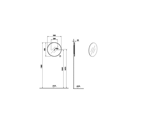 Technische Zeichnung eines runden Spiegels mit Maßangaben