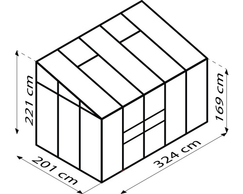 Technische Zeichnung eines Gewächshauses mit den Maßen 221 cm Höhe, 201 cm Breite, 169 cm Höhe und 324 cm Länge