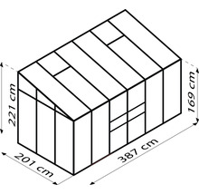 Abbildung eines Gewächshauses mit den Maßen 221 cm Höhe, 201 cm Breite und 387 cm Länge