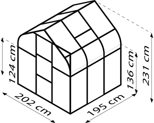 Abbildung eines Gewächshauses mit den Maßen 202 cm Breite, 195 cm Tiefe und 231 cm Höhe