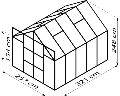 Schema des Gewächshauses mit den Maßen 257 cm x 321 cm x 248 cm
