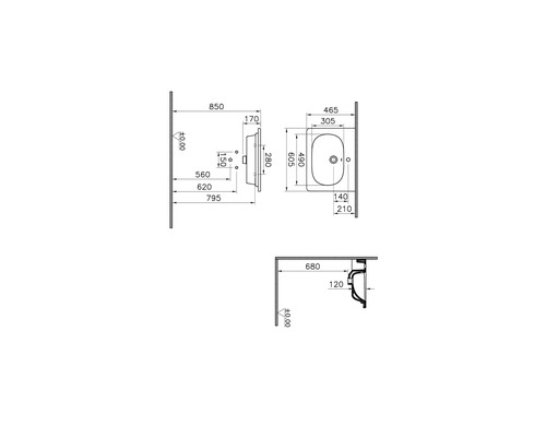 Technische Zeichnung eines Waschtisches mit Maßangaben