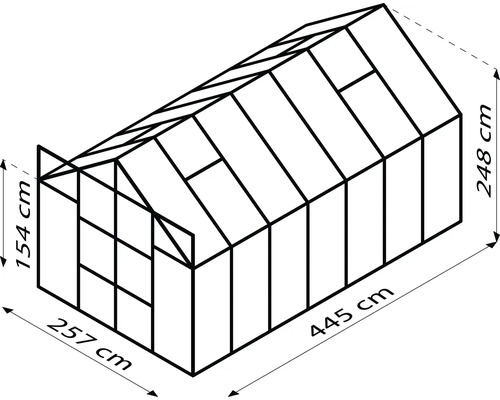Skizze eines Gewächshauses mit den Maßen 257 cm x 445 cm und einer Höhe von 248 cm