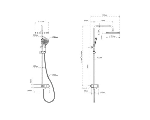 Technische Zeichnung einer Duschgarnitur mit Maßangaben