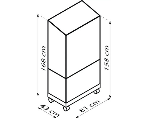 Zeichnung eines Schranks mit Rollen und Maßangaben