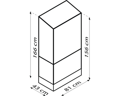 Schrankillustration mit Maßangaben: 166 cm Höhe, 81 cm Breite, 43 cm Tiefe