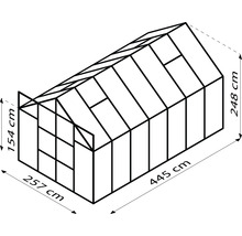 Skizze eines Gewächshauses mit den Maßen 257 cm x 445 cm x 248 cm