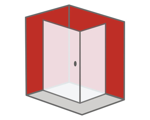 Eckdusche mit Glastür und Griff in einem Badezimmer